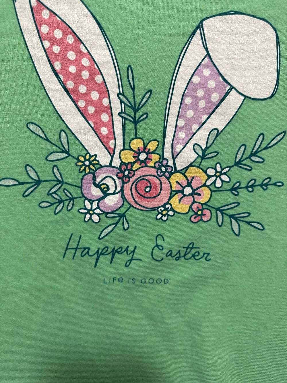 Life Is Good Crusher Tee Women's XL Green Easter Bunny Ears Flower Crown Graphic